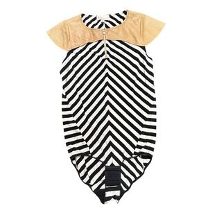 BRADAMANT Black White Chevron Stripe Lambskin Leather Bodysuit Top Size S